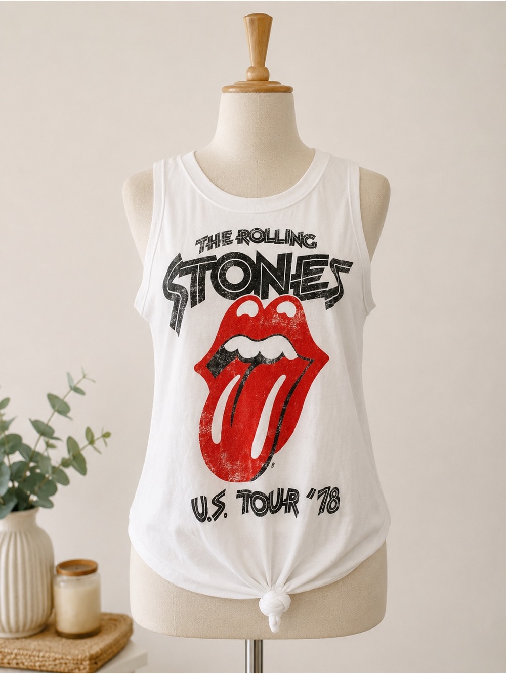 The Rolling Stones White Tank Top with Red Tongue Graphic
